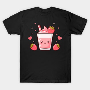 Strawberry Milkshake Ice Cream with Strawberries and Hearts in Kawaii Style | Kawaii Food Art T-Shirt